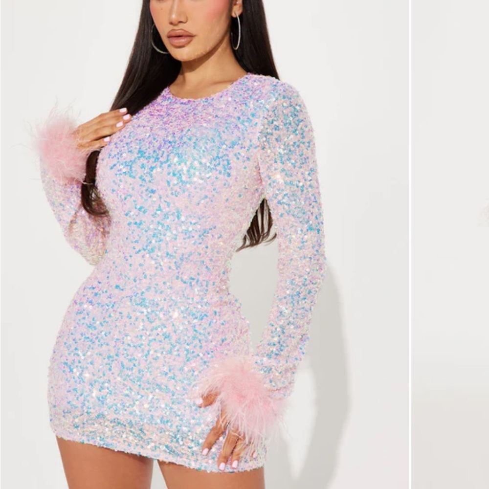 Sequin Mini Dress with Pink Feather Cuffs 💓